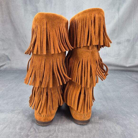 MINNETONKA 1632 Moccasin Boots 3 Layer FRINGE Brown Suede Leather 8 Boho Hippy - Picture 2 of 8
